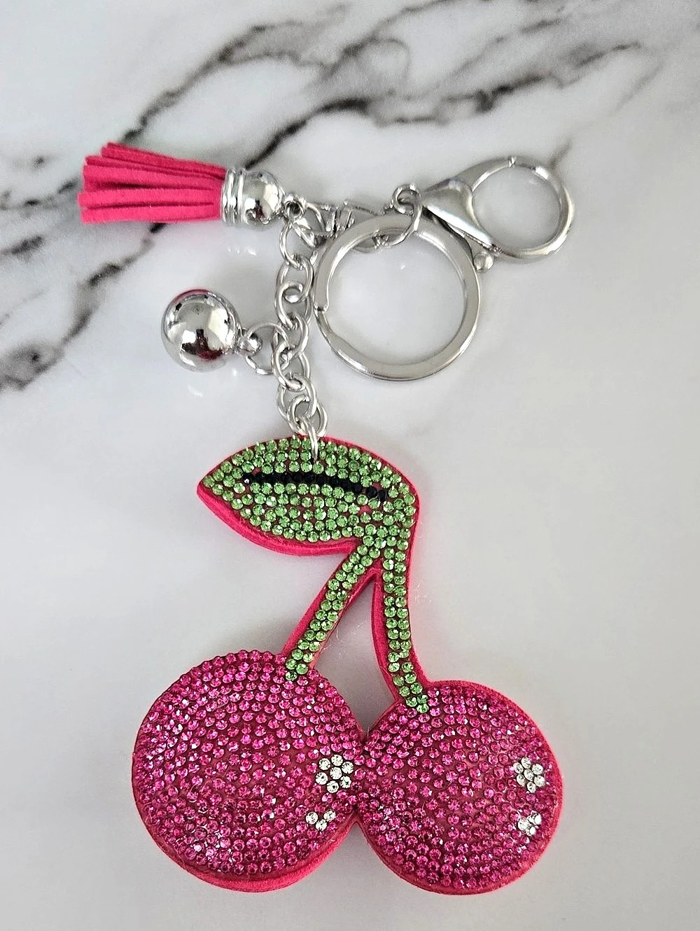 Rhinestone Cherry Keychain in Pink & Green